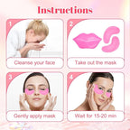 30 Pads Lip Masks & Eye Masks,Under Eye Mask Skincare,Crystal Collagen Lip Mask Sheet,Under Eye Patches for Puffy Eyes and Dark Circles,Moisturizing,Anti-Aging,Reducing Fine Lines,Pink