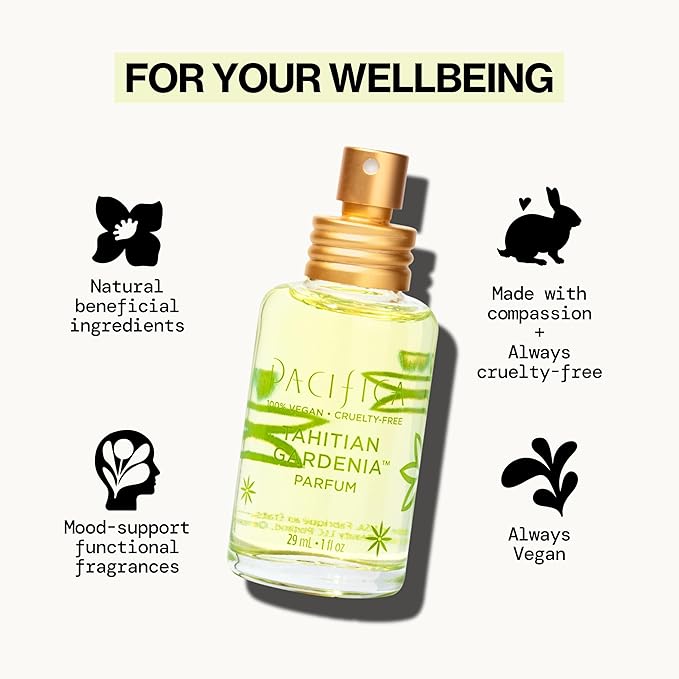 Pacifica Tahitian Gardenia Perfume Spray 1oz – Tropical Floral Fragrance with Gardenia Bloom, Jasmine & Sweet Orange, Warm Vanilla Coconut Notes, Vegan & Cruelty-Free Clean Perfume for Women