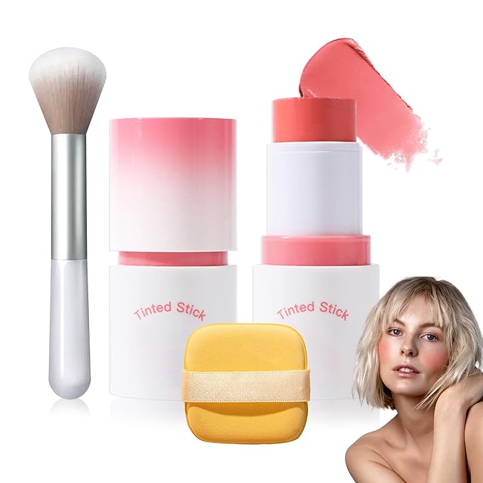 Cream Blush Stick with Brush and Makeup Sponge,Waterproof Multi Cream Makeup Stick,Lightweight,Long-lasting,2 in 1 Multi Blush for Cheeks & Lip Tint & Eyeshadow K