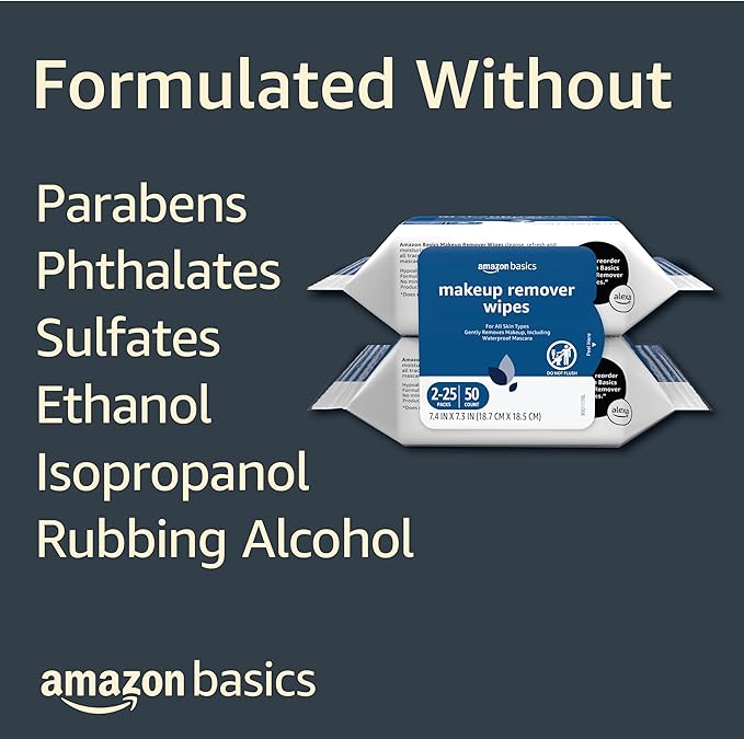 Amazon Basics Make Up Remover Wipes, Original, 25 Count, Pack of 2 (Previously Solimo)