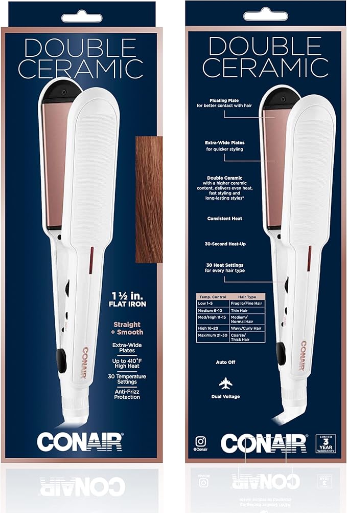 Conair Double Ceramic Flat Iron, 1 1/2-inch , White