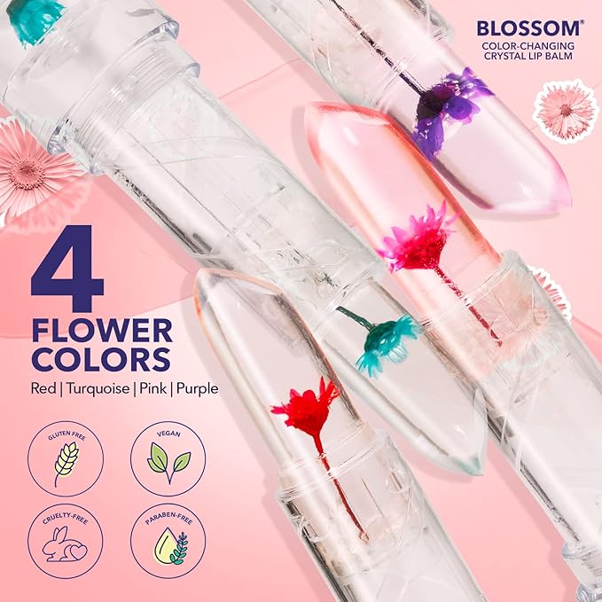 Blossom Moisturizing Custom Color Changing Crystal Lip Balm Strawberry Scented Lip Stain Tint, Mini Coconut Rollon Scented Lip Gloss, Infused with Real Flowers, 2 pk, Coconut/Purple