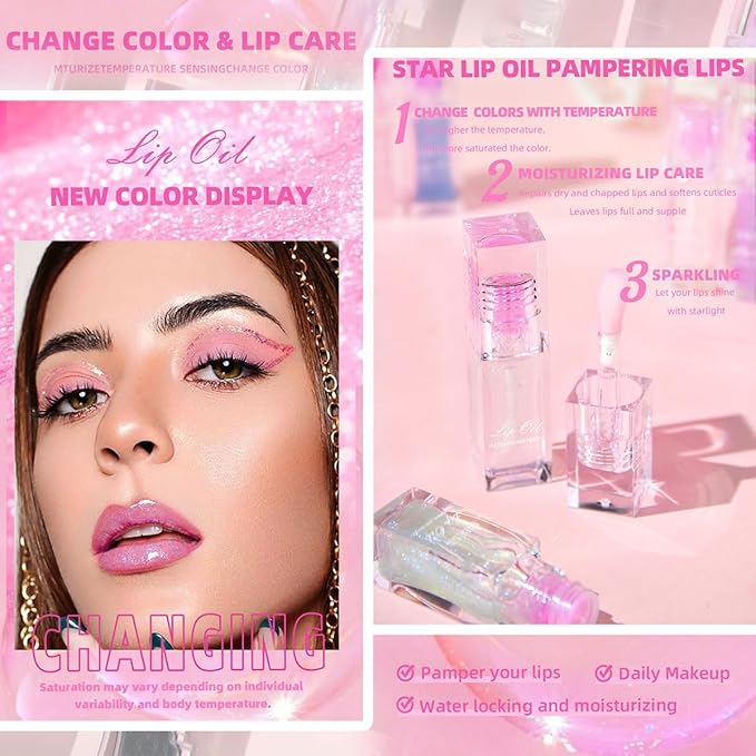 Magic Color Changing Lip Oil Ph, Glitter Lip Gloss, Upgraded Big Brush Head Moisturizing Lip Oil Long Lasting Nourishing Lip Glow Oil Non-Sticky Primer Lip Tint (# 04, 0.3 Oz)