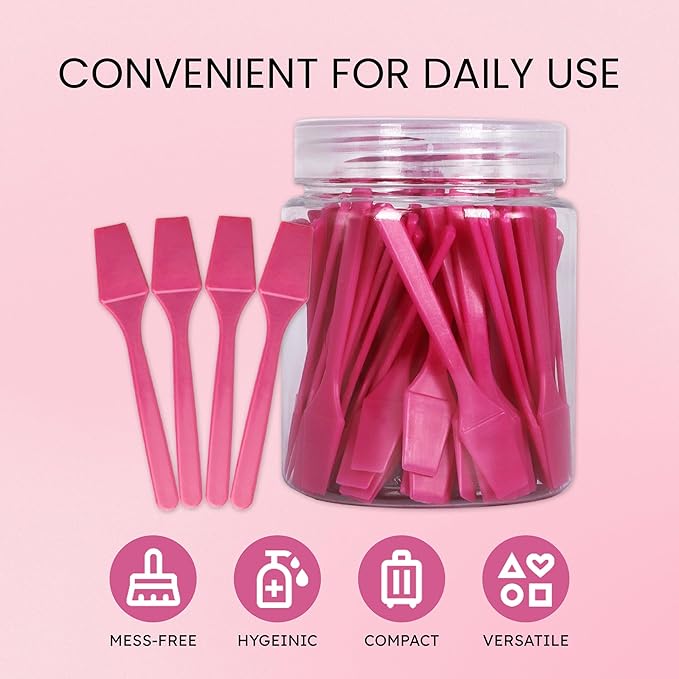 PANA 100pcs Brand Cosmetic Make Up Disposable Plastic 2.5" Spatulas Skin Care Facial Cream Mask Spatula (100 Pieces in a Container) (PINK)