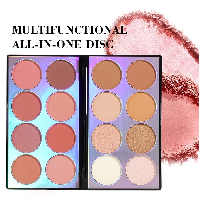 Blusher Contour Highlighter Makeup Palette, 16 Color All-in-One Matte- Bronzer Facial lluminator Palette with Makeup Brush, Long Lasting and Soft Powder, Pro Makeup Powder Kit
