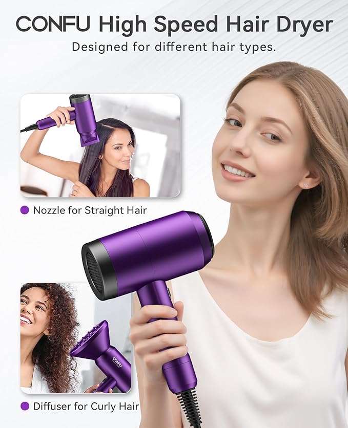 Hair Dryer with Diffuser, CONFU Ionic Blow Dryer 1600W, Portable Lightweight Fast Drying Negative Ion Hairdryer, 3 Heat Settings with Diffuser and Concentrator Nozzle for Home & Travel