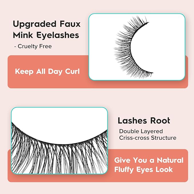Natural Lashes 7MM Extra Short Eyelashes Natural Cat Eye Lashes 10 Pair False Eyelashes Wispy Eye Lashes Pack C Curl Strip Lashes 3D Volume Short Lashes Siligli Eyelashes