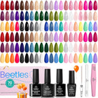 Beetles Gel Nail Polish Set, 70 PCS 60 Colors Red Green Pink Brown Blue Nude Glitter Gel Nail Polish Kit with Base Glossy & Matte Top Coat Gel Polish for Beginners DIY Salon Christmas Gifts for Women