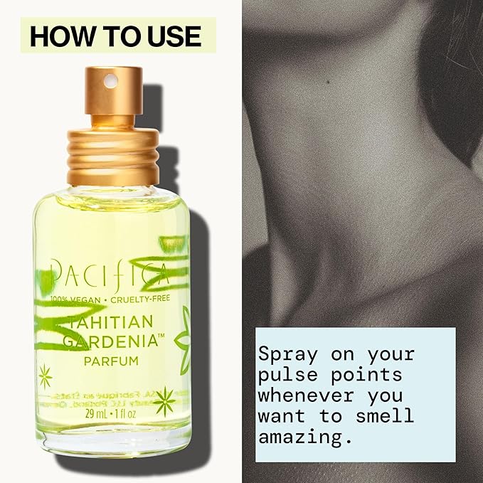 Pacifica Tahitian Gardenia Perfume Spray 1oz – Tropical Floral Fragrance with Gardenia Bloom, Jasmine & Sweet Orange, Warm Vanilla Coconut Notes, Vegan & Cruelty-Free Clean Perfume for Women
