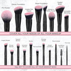 Bueart Design 18Pcs Pro Deluxe Fuchsia Pink Black Makeup Brushes set with Travel Make up Brush Holder case Foundation concealer contour Blush eyeshadow face make up brush set