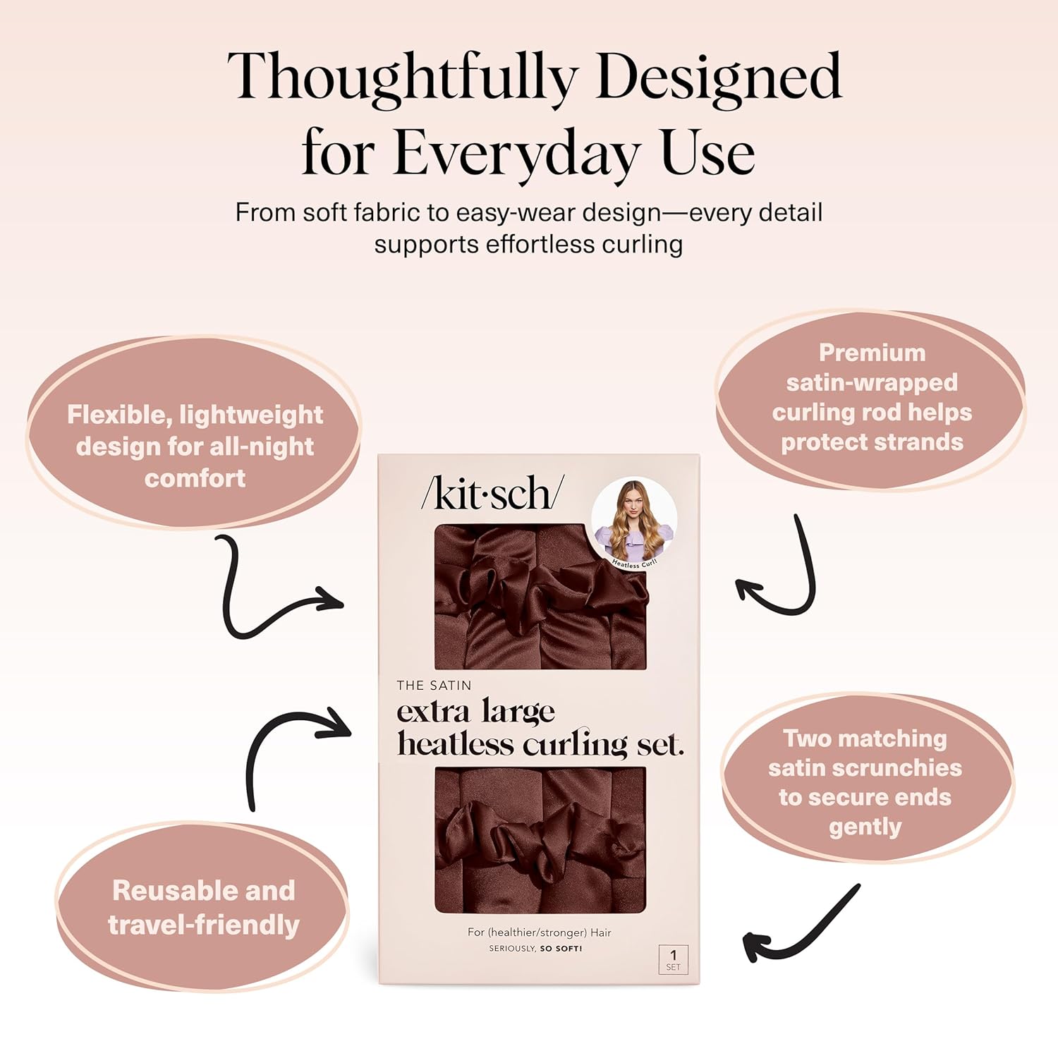 Kitsch XL Satin Heatless Curling Set – Heatless Hair Curler for Women, Hair Curler to Sleep In - with 2 Satin Scrunchies for Overnight Curls – No Heat Damage Styling with Heatless Curler - Chocolate