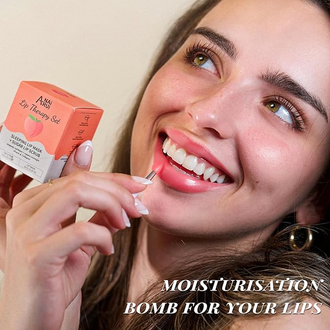 ANAI RUI Lip Balm Mask & Lip Scrub Set, Lip Care Kit, Overnight Lip Treatment with Lip Sleeping Mask & Sugar Lip Exfoliator Scrub, Lip Moisturizer for Dry, Chapped, Dark Lips, Reduce Fine Lines, Peach