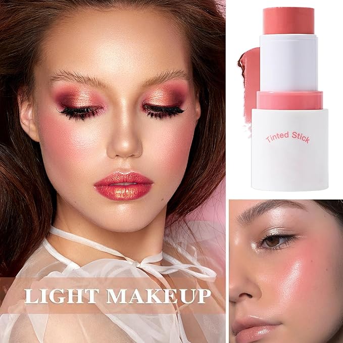 Cream Blush Stick with Brush and Makeup Sponge,Waterproof Multi Cream Makeup Stick,Lightweight,Long-lasting,2 in 1 Multi Blush for Cheeks & Lip Tint & Eyeshadow M