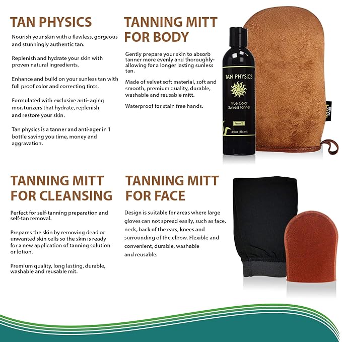 Tan Physics & EviLuxe Deluxe Tanning Mitt Bundle (5pcs) – Face & Body Tanner Mitts, Exfoliation Glove, Storage Bag & 8oz True Color Sunless Tanning Lotion – For Flawless Sun Kissed Skin All Year Long
