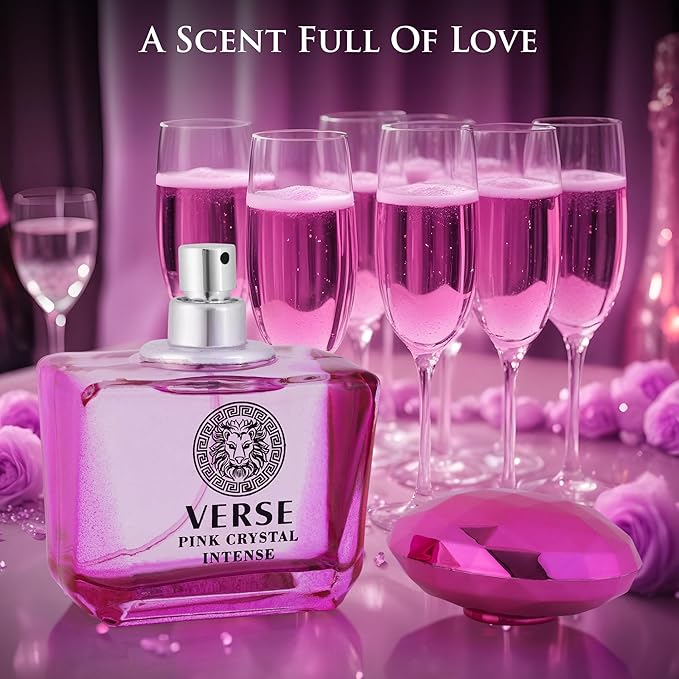 Verse Pink Crystal Intense for Women 3.4 fl Oz - Fruity & Floral Scents of Raspberry, Peony, Magnolia & Lotus Flowers - Base Notes of Amber, Vibrant Musk & Deep Mahogany Wood - Elegant 100ml Bottle