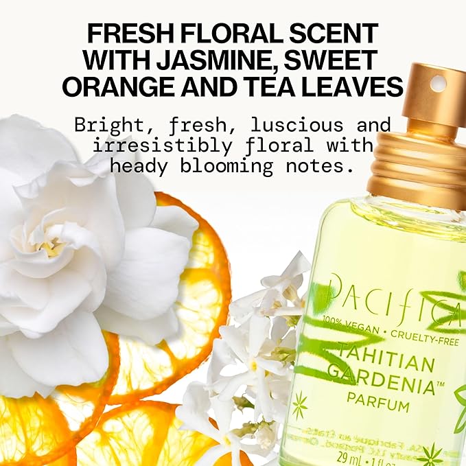 Pacifica Tahitian Gardenia Perfume Spray 1oz – Tropical Floral Fragrance with Gardenia Bloom, Jasmine & Sweet Orange, Warm Vanilla Coconut Notes, Vegan & Cruelty-Free Clean Perfume for Women