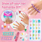 Kids Nail Polish Set for Girls, Nail Art Kit with Nail Dryer, 9 Peel Off Washable Polish, 24 Press on Fake Nails, Glitter Powder, Gifts for Girls Ages 6-12