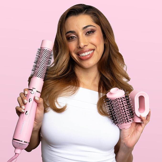 FoxyBae 3-in-1 Ceramic Interchangeable Hair Tools - Blowout Dryer - 3 Detachable Heads - 2.4" Blowout Brush, 1.5" Hot Round Brush & Drying Cylinder Hair Dryer Brush & Hair Styling Set [Party Pink]