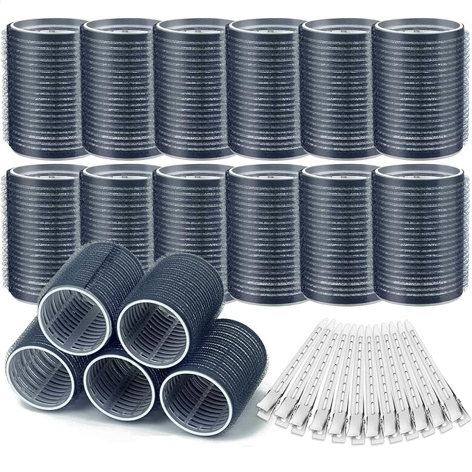 Acejoz Hair Rollers, 12Pcs Large Self Grip Hair Rollers with 12Pcs Stainless Steel Duckbill Clips, for Long Medium Thick Hair Volume (Navy Blue)