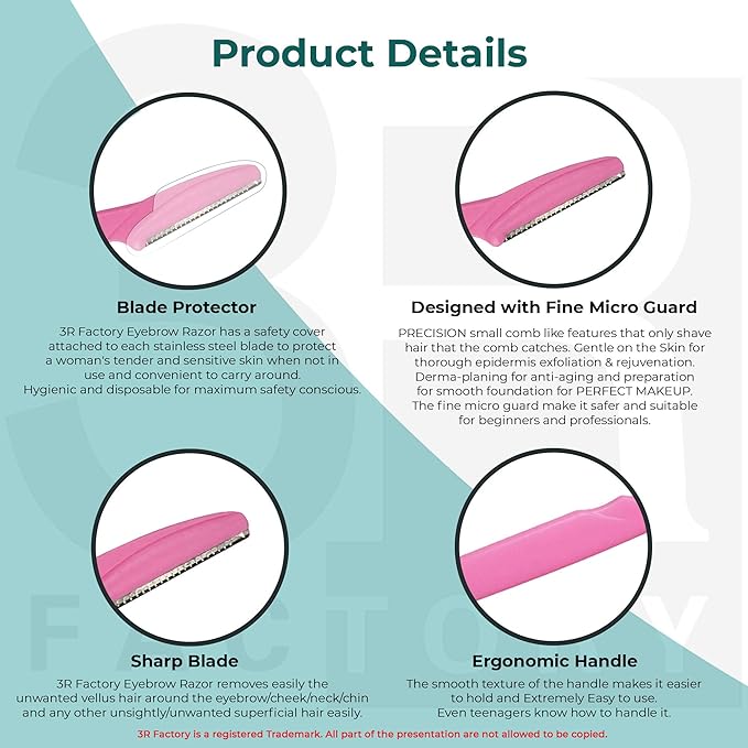 Womens Peach Fuzz Shaver - 3R Factory Ladies Razors for Facial Hair, Face Shaving Razor, Lady Razors for Women Fine Hairs, Eyebrow, Facial & Neck. Come with Safety Cover (Packs of 6)