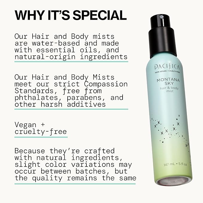 Pacifica Hair Mist Perfume & Full Body Spray for Women - Montana Sky Body Mist Fragrance w/Cedarwood, Elderflower, Black Pepper, Sage & Sandalwood Clean Beauty Alcohol-Free, Vegan & Cruelty-Free 5 oz