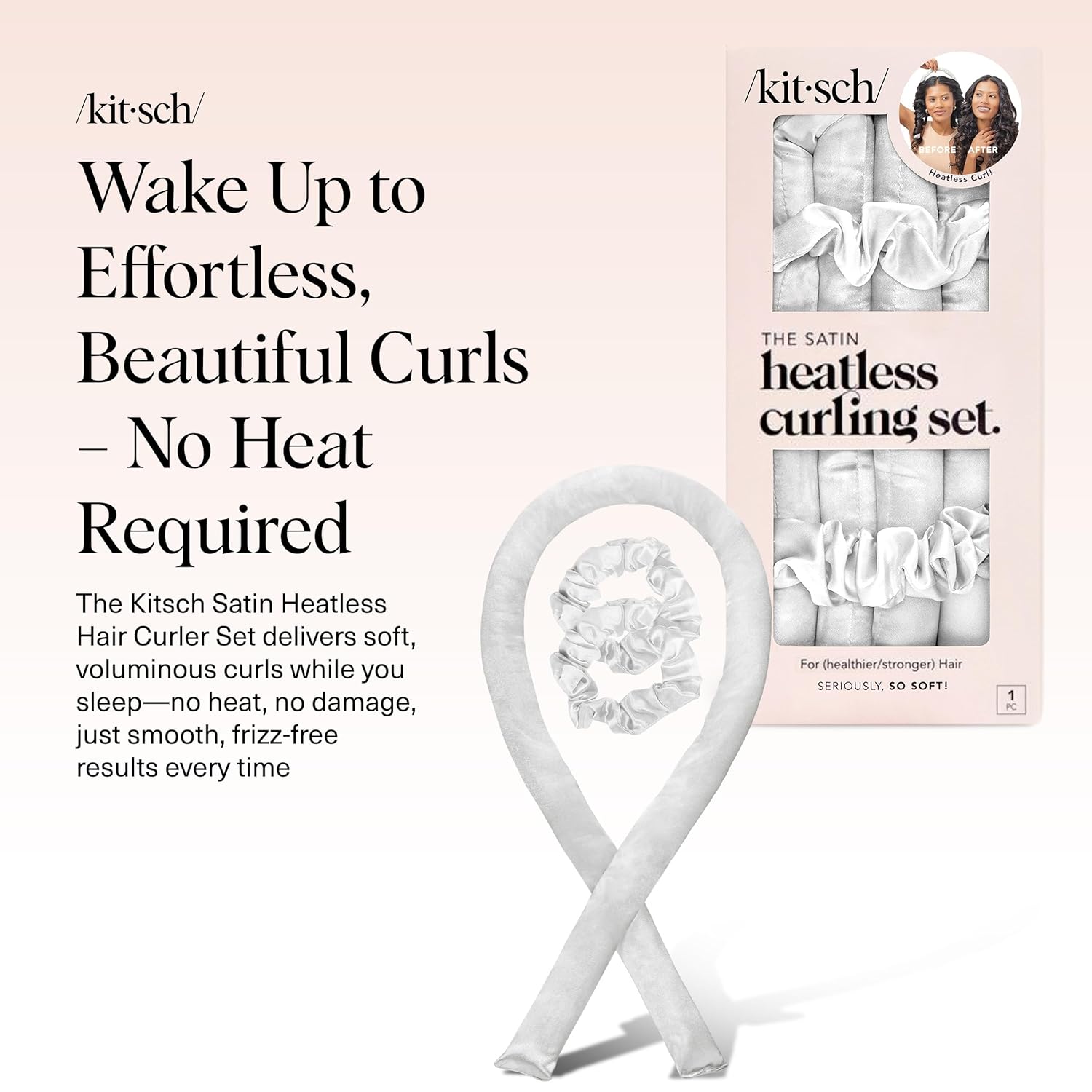 Kitsch Satin Heatless Hair Curler Set - Heatless Curls Overnight, Hair Rollers for Soft Curls & Frizz-Free Styling, No Heat Curlers To Sleep in, Curling Rod Headband with 2 Scrunchies - Ivory