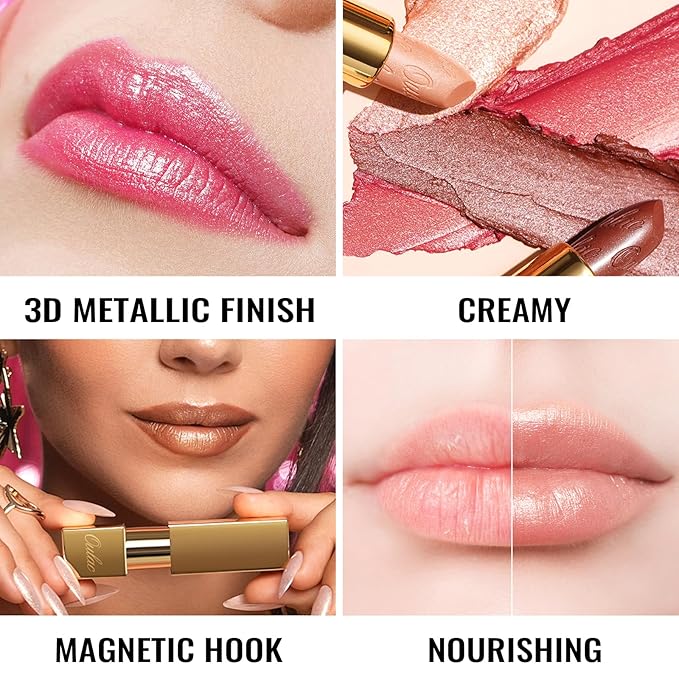 Oulac Nude Lipstick for Women with Metallic 3D Shine Lightweight Hydrating Formula, High Impact Lip Color, Vegan Beauty, Full Coverage Lip Makeup, Christmas Gifts for Women, Pure Envy(07)