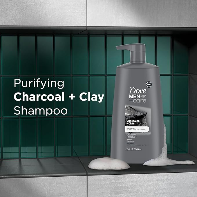 DOVE MEN + CARE Shampoo Charcoal + Clay 3 Count For Healthy-Looking Hair Naturally Derived Plant Based Cleansers 25.4 oz