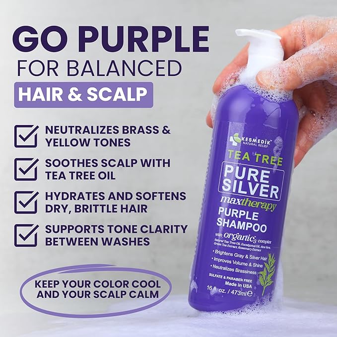 Tea Tree Purple Shampoo for Blonde, Bleached, Silver & Grey Hair, Anti-Brass Toner, Boosts Highlights & Color, Revitalizes, Relieves Itchy Scalp & Salon-Grade Hair Toner Shampoo.