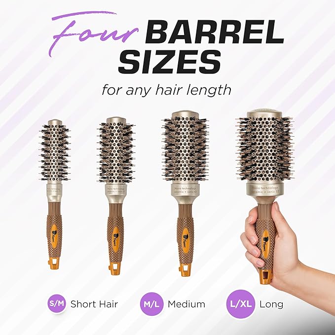 Fagaci Professional Round Brush with Natural Boar Bristle for Blow Drying, Nano Technology Ceramic + Ionic for Voluminous Healthy Hair Styling | Includes 4 Styling Clips