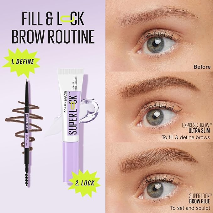 Maybelline Super Lock Brow Glue Eyebrow Gel, Lightweight Brow Gel For Up To 24HR Hold, Clear, 1 Count