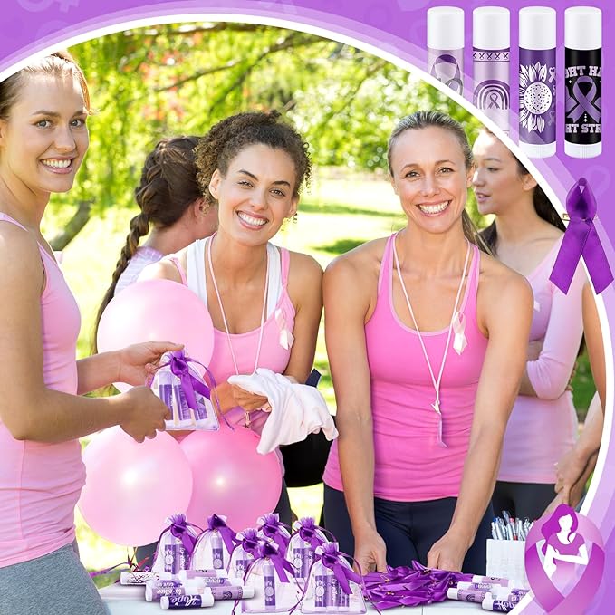 50 Set Overdose Awareness Lip Balms Gifts with 50 Organza Bags 50 Purple Awareness Ribbon Pins Raise Awareness for Domestic Violence Pancreatic Cancer Lupus Alzheimer's Awareness