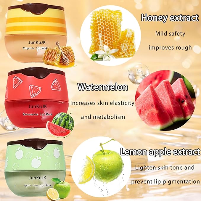 3 Pcs Bee Lip Balm Honey Pot with Stick,Moisturizing Lip Mask Overnight,Day and Night Tinted Sleeping Lip Balm,Hydrating Lip Scrubs Exfoliator & Moisturizer