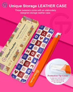 Expert Eyebrow Hair Removal Tweezer with Leather Case, GlamTweeler High Precision Slant Tip Stainless Steel Tweezers for Men and Women (Orange)