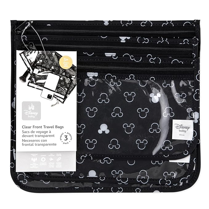 Bumkins Disney Travel Bag, Toiletry, TSA Approved Pouch, Zip Bag, Quart Size Airline Compliant, Clear-Sided, Baby, Diaper Bag Organization, Accessories, Packing, Set of 3 Sizes, Mickey Mouse Icon