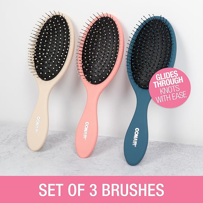 Conair Detangling hairbrush 3PK - wet or dry hair - ideal for curly or straight styles - detangler hair brush - hairbrushes for women - Beige, Navy, Coral