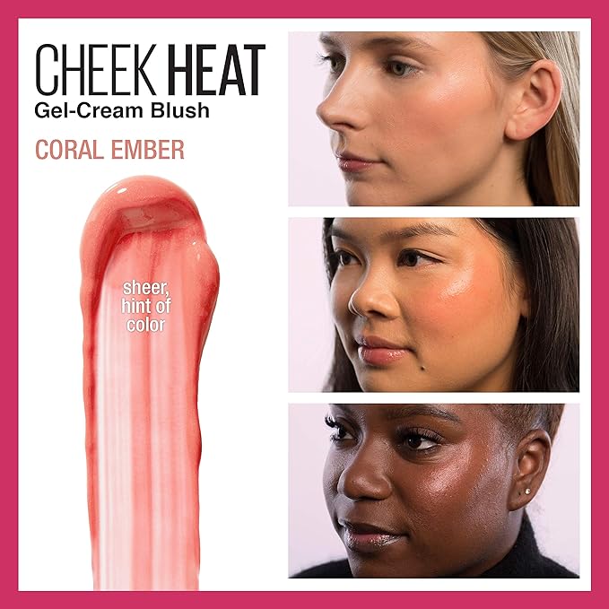 Maybelline New York Cheek Heat Gel-Cream Blush Makeup, Lightweight, Breathable Feel, Sheer Flush Of Color, Natural-Looking, Dewy Finish, Oil-Free, Coral Ember, 1 Count