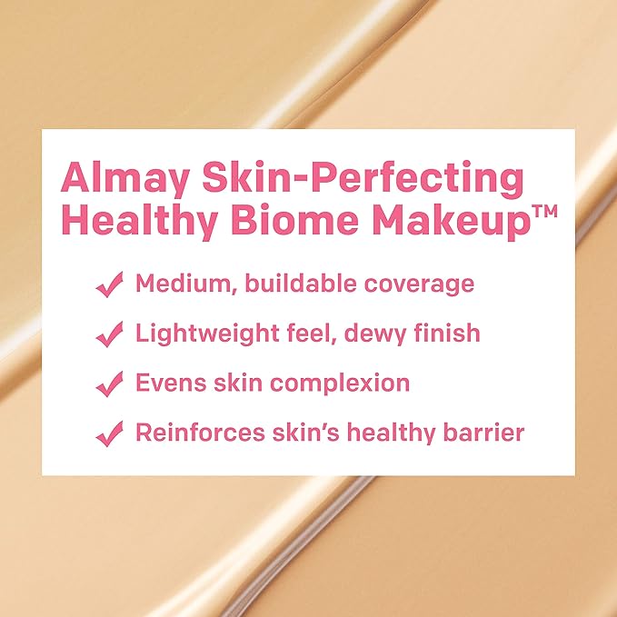 Almay Skin Perfecting Healthy Biome Foundation Makeup with Prebiotic Complex SPF 25, Hypoallergenic, -Fragrance Free, 130 Medium, 1 fl. oz.