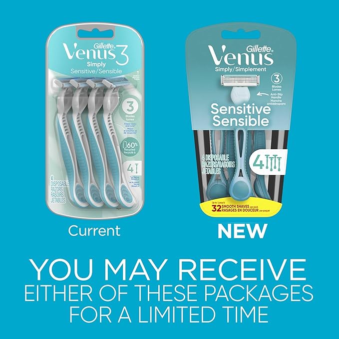 Gillette Venus Simply 3 Sensitive Women's Disposable Razors, Pack of 2 with 4 razors