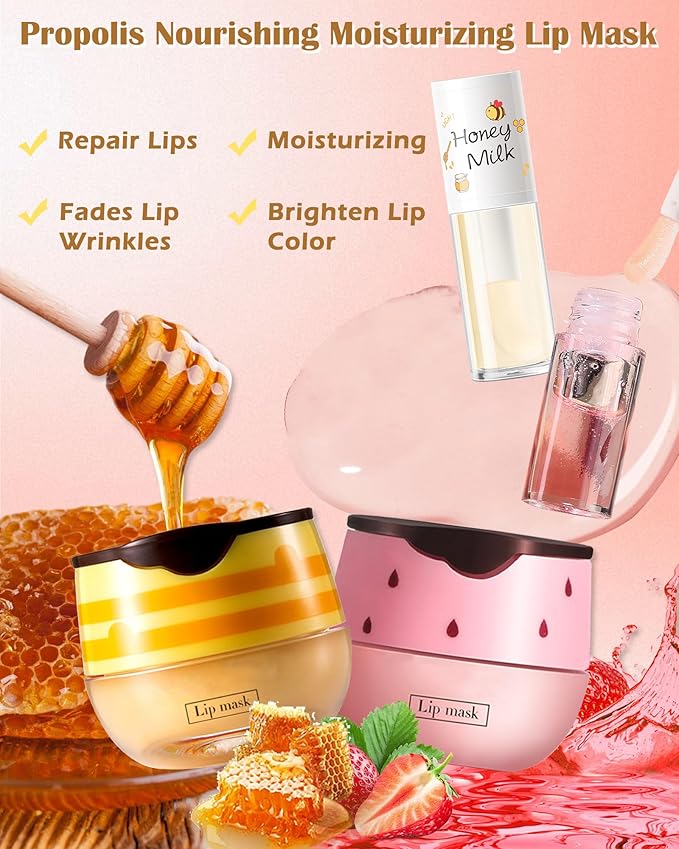2PCS Strawberry Lip Balm Honey Pot Lip Mask & Hydrating Lip Glowy Oil Lip Care Set, Lip Moisturizing Treatment Nourishing Lip Gloss, Reduce Lip Line & Plump Dry Cracked Lip Scrub Exfoliator -Set B