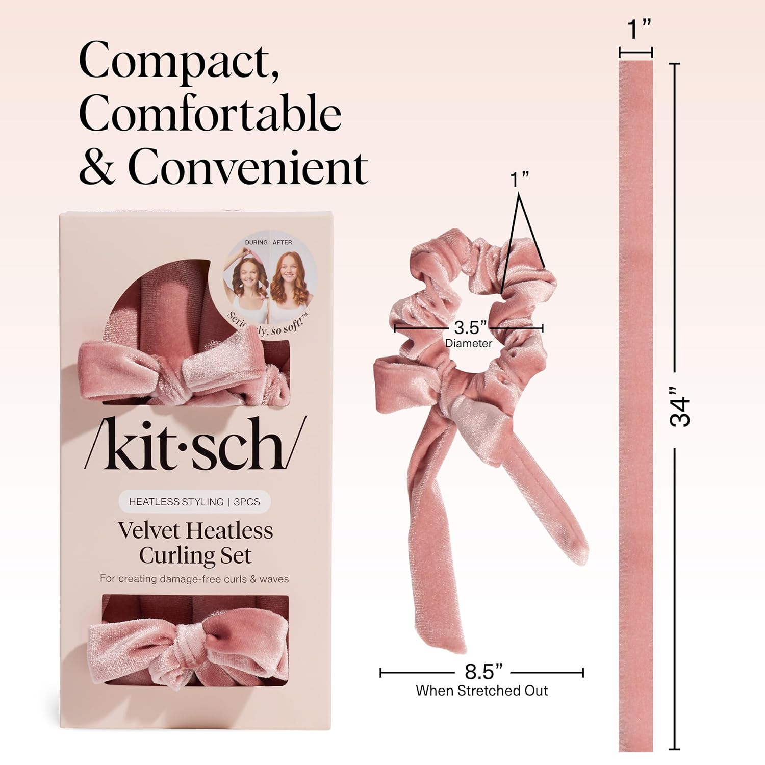 Kitsch Velvet Heatless Curling Set – Hair Curler to Sleep In for Heatless Curls Overnight - Heatless Hair Curler for Women – No Heat Damage Hair Styling Tool with 2 Velvet Scrunchies – Terracotta