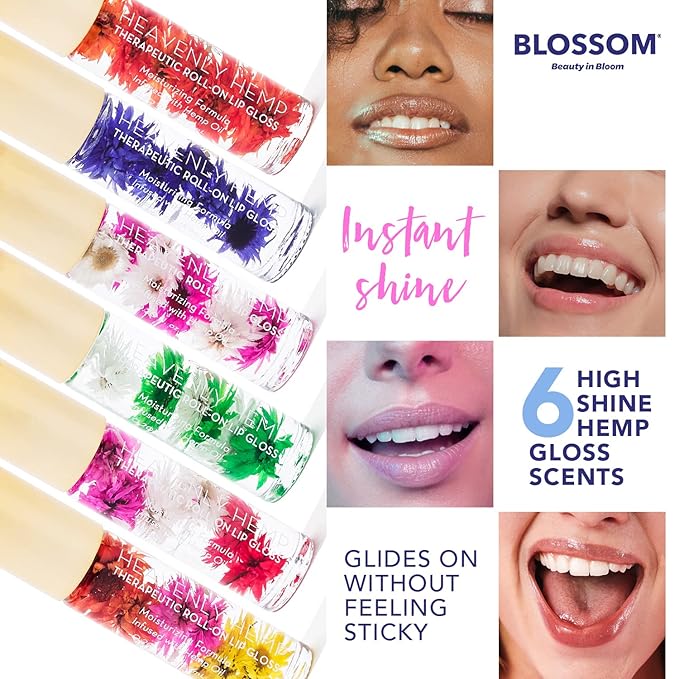 Blossom Roll on Lip Gloss, Scented Clear High Shine Moisturizing Lip Oil, Non Sticky, Infused with Real Flowers, Made in USA, 0.2oz, Peach Hemp