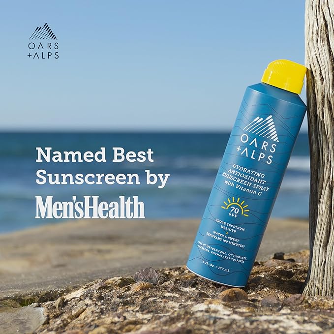 Oars + Alps Sunscreen Spray for Face & Body, SPF 70 Spray Sunscreen Infused with Vitamin C & Antioxidants, No White Residue, Water & Sweat Resistant, All Skin Types, Lightweight, Hydrating, 6oz, 1pk