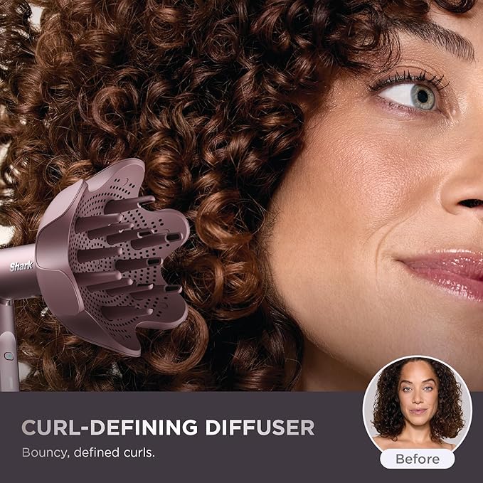 Shark FlexFusion Hair Straightener & Powerful Hair Dryer with Diffuser, Fusion Hair Brush, Ceramic Air Styler with Auto-Wrap Hair Curlers, Ceramic Plates, Cosmic Blush HD642S