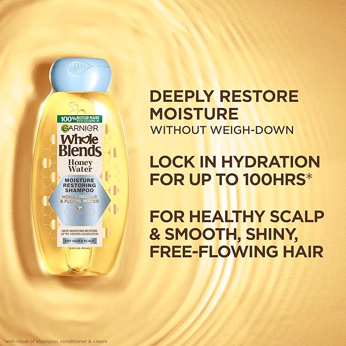 Garnier Whole Blends Honey Water Moisture Restoring Shampoo, Hair Care for Dry Hair and Dry Scalp with Honey Nectar and Floral Water, 28 Fl Oz