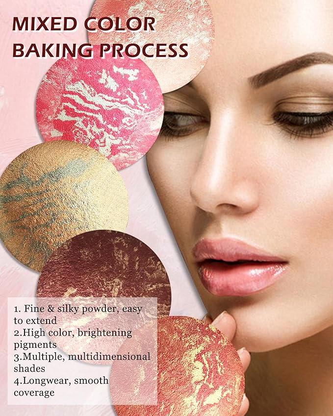 Baked Powder Blush, Glow Marbleized Blush Powder Palette,Lightweight Shimmery face Blush for Cheeks,Eyeshadow & Highlight,Mother's Day Makeup Gift for Women rubores de maquillaje(0.49Ounce)-03
