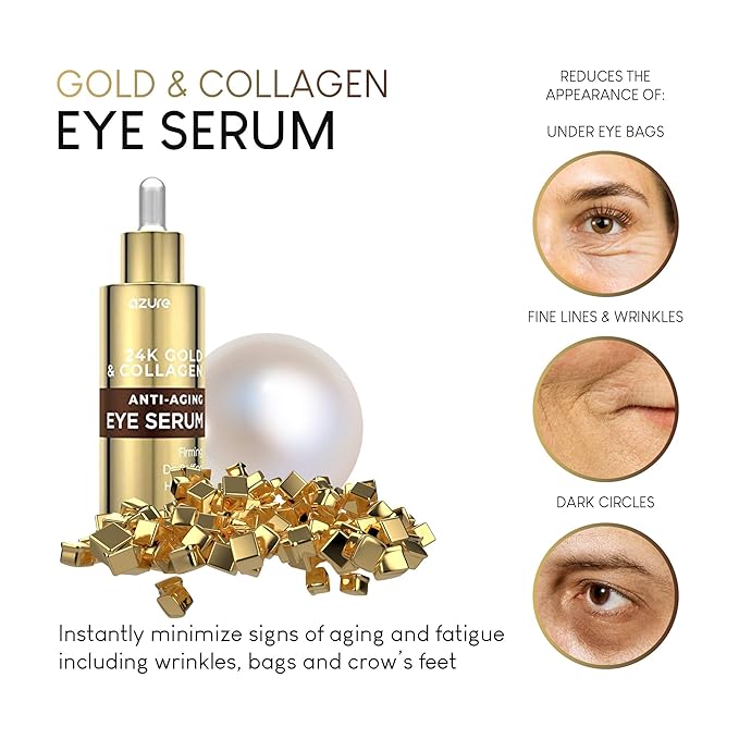 AZURE 24K Gold & Collagen Anti Aging Eye Serum - Firming, De-Puffing & Hydrating | Reduces Wrinkles, Fine Lines & Under Eye Bags | Minimize Signs of Aging | Made in Korea - 60mL