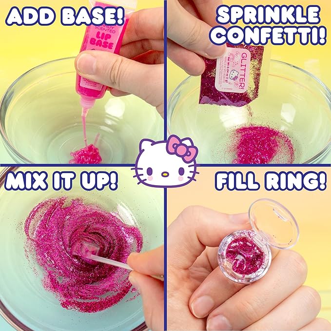 Horizon Group USA Sanrio Hello Kitty and Friends Shimmer Lip Gloss Making Kit, Makes 5 Hello Kitty Glitter Lip Gloss Rings, DIY Hello Kitty Lip Gloss Kit, Great Birthday Gift for Ages 6+