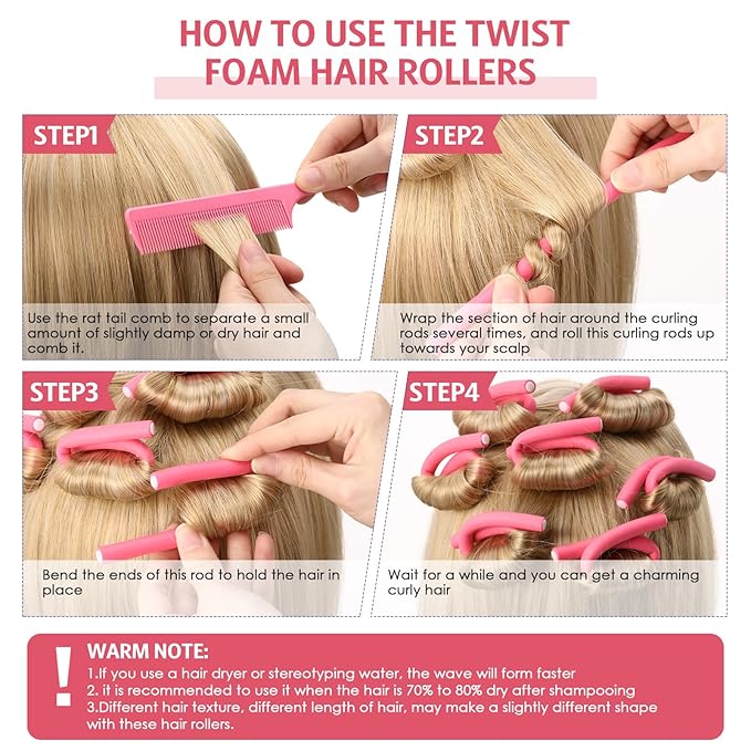 Syhood 30 Pieces Flexible Curling Rods Twist Hair Rollers Soft Foam Rods No Heat and 1 Pcs Steel Rat Tail Comb for Women Long and Short Hair(7 x 0.3 Inch,Pink)