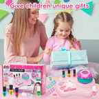 Kids Nail Polish Set for Girls, Nail Art Kit with Nail Dryer, 9 Peel Off Washable Polish, 24 Press on Fake Nails, Glitter Powder, Gifts for Girls Ages 6-12